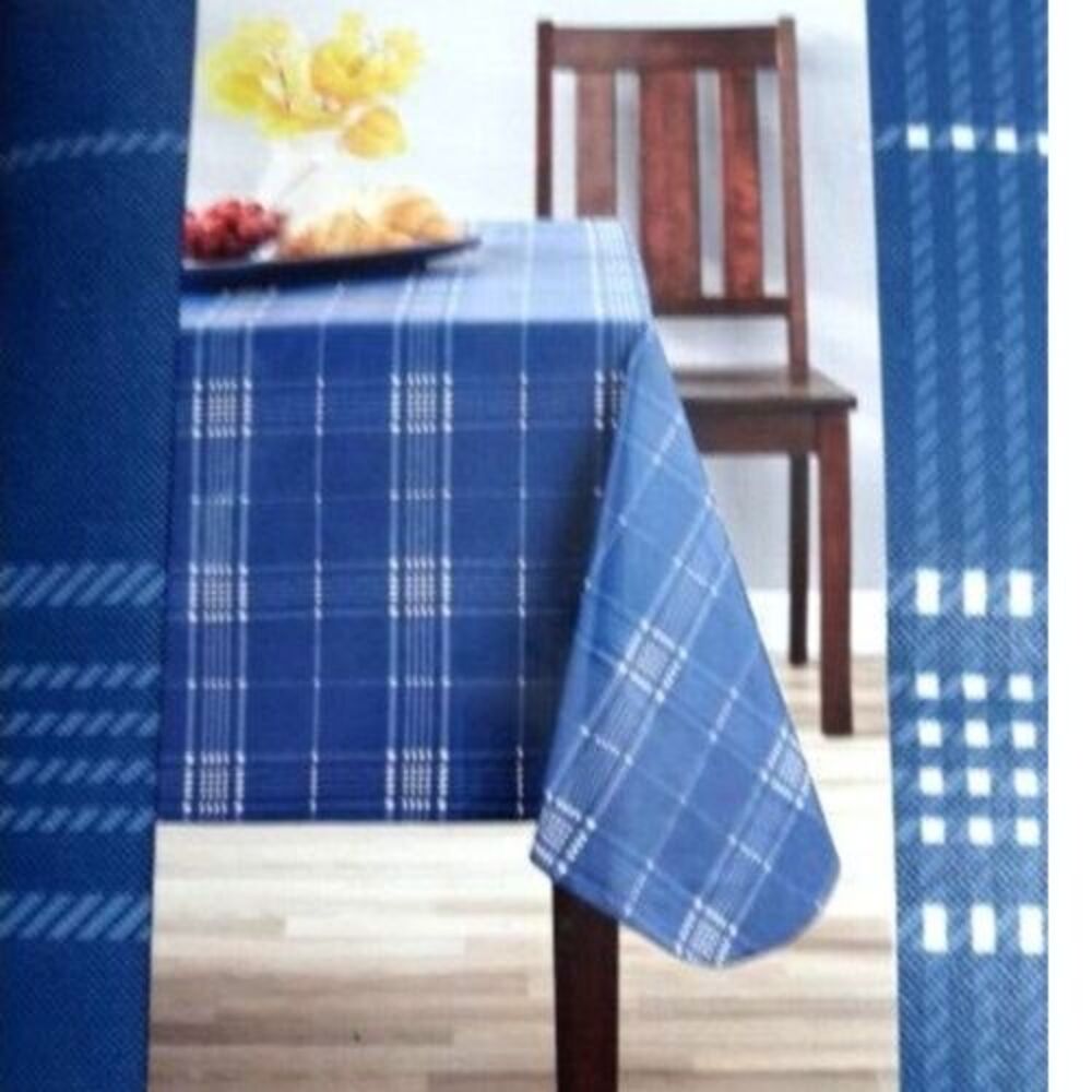 Plaid Navy Blue White PEVA Kitchen Tablecloth 60 x 84-in Polyester Backing NIP